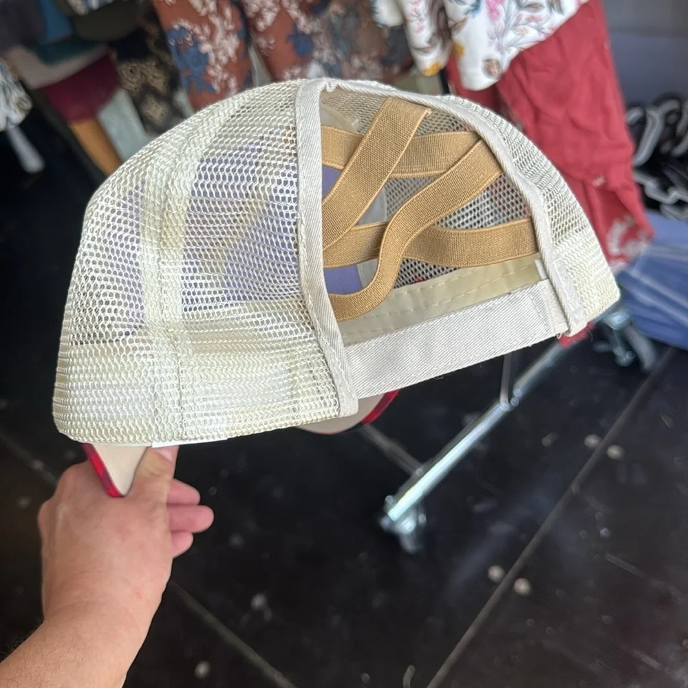 Red and navy Checkered Trucker Hat pony tail